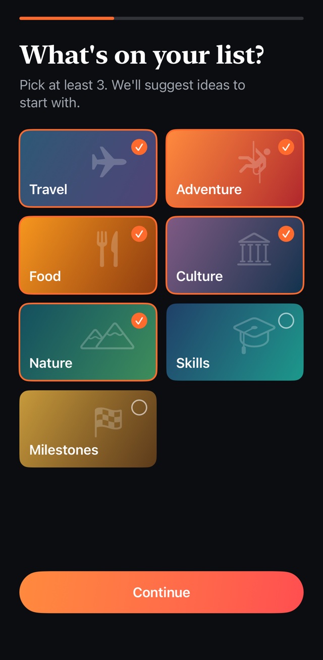 Choosing interests: travel, adventure, food, culture, nature